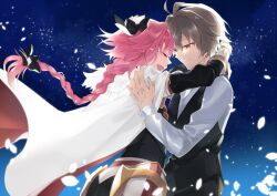  2boys androgynous armored_skirt astolfo_(fate) black_bow black_sweater black_vest bow braid cape closed_eyes closed_mouth cowboy_shot dress_shirt fang fate/apocrypha fate_(series) fur-trimmed_cape fur_trim gauntlets gorget grey_hair hair_between_eyes hair_bow hair_intakes hug kan'yu_(citron_82) long_braid long_hair male_focus multiple_boys multiple_hair_bows open_mouth pink_hair red_eyes shirt short_hair sieg_(fate) single_braid skin_fang sky smile star_(sky) starry_sky sweater trap two-sided_cape two-sided_fabric vest white_cape white_petals white_shirt 