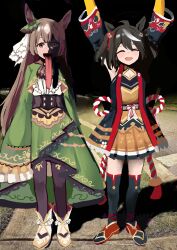  2girls absurdres ahoge animal_ears arms_up black_hair black_pantyhose black_shirt black_sleeves black_socks boots brown_eyes brown_hair brown_skirt closed_eyes detached_sleeves dress freaky_satono_diamond_(meme) frilled_sleeves frills full_body green_dress highres horse_ears horse_girl kitasan_black_(umamusume) long_hair long_tongue looking_at_viewer medium_hair meme multiple_girls open-toe_shoes open_mouth pantyhose photo_background red_shoes remise rope satono_diamond_(umamusume) shimenawa shirt shoes skirt sleeveless sleeveless_shirt sleeves_past_fingers sleeves_past_wrists smile socks standing tongue tongue_out umamusume white_boots why_dis_ninja_look_so_mad_(meme) wide_sleeves 