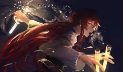  1girl ange_katrina ange_katrina_(4th_costume) aqua_eyes arm_up belt black_skirt blurry blurry_foreground brown_belt commentary_request cork depth_of_field determined djyui fighting_stance from_side glowing glowing_liquid grey_shirt hand_up high-waist_skirt highres long_bangs long_hair long_sidelocks long_sleeves looking_ahead low_ponytail mouth_hold nijisanji pleated_sleeves ponytail profile purple_background red_hair scrape shirt sidelocks skirt solo sparks test_tube upper_body very_long_hair virtual_youtuber 