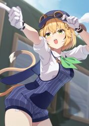  1girl absurdres black_hair blonde_hair blue_hat blue_overalls blue_sky clouds dooby_(1st_costume)_(vtuber) dooby_(vtuber) gloves green_eyes hat highres indie_virtual_youtuber looking_at_viewer medium_hair miu_(angelo_whitechoc) mouse_girl mouse_tail multicolored_hair overalls pointing shirt sky solo streaked_hair tail teeth train train_conductor upper_teeth_only virtual_youtuber white_gloves white_shirt 