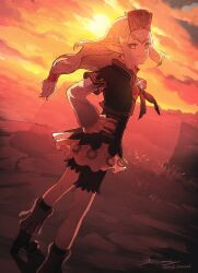  1girl boots clouds cloudy_sky commentary elf elvaan final_fantasy final_fantasy_xi final_fantasy_xiv floating_hair foot_out_of_frame frilled_sleeves frills glint hand_on_own_hip highres long_hair long_sleeves looking_at_viewer low-tied_long_hair mugi_kosuta orange_theme pointy_ears prishe shorts signature sky smile solo sun sunset twitter_username 