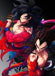  black_hair blue_sash closed_mouth dougi dragon_ball dragon_ball_heroes gloves highres long_hair male_focus monkey_boy monkey_tail multiple_boys muscular muscular_male ommmyoh pants red_fur saiyan sash son_goku son_goku_(xeno) spiky_hair super_saiyan super_saiyan_4 tail time_patrol_(dragon_ball) twitter_username vegeta vegeta_(xeno) 