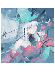  1girl absurdres angelfish aqua_gloves aqua_hat arknights ascot ay4_la bare_shoulders black_ascot black_ribbon blurry border breasts clothing_cutout detached_sleeves dress fish floating_hair gloves hair_between_eyes hair_ornament hair_ribbon hat highres in_water long_hair long_sleeves medium_breasts navel_cutout off-shoulder_dress off_shoulder official_alternate_costume parted_lips partially_submerged red_dress red_eyes red_sleeves ribbon ripples skadi_(arknights) skadi_the_corrupting_heart_(arknights) solo tropical_fish upper_body very_long_hair wading water wet wet_hair white_border white_hair 