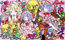 blonde_hair blush bow canihavepromo crossover dexter dexter&#039;s_laboratory dress ed_edd_n_eddy flandre_scarlet glasses hair_bow heisei_retro highres instrument long_hair long_sleeves looking_at_viewer lottie_(gravyalloverhim) multiple_girls open_mouth original remilia_scarlet ribbon short_hair smile touhou violin