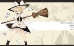  alternate_costume apron blonde_hair boots broom card falling_card frills gloves hat highres kirisame_marisa letterboxed playing_card pose short_hair smile takaharu touhou wallpaper witch witch_hat 