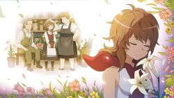  1boy 2girls artist_request boots brown_hair closed_eyes dungeon_ni_deai_wo_motomeru_no_wa_machigatteiru_darou_ka flower highres hooded_shirt liliruca_arde multiple_girls official_art overalls pink_flower remembering shirt skirt sleeveless sleeveless_shirt white_flower white_shirt yellow_flower 