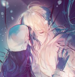  1boy 1girl air_bubble alkaid_mcgrath beret black_gloves black_hair blonde_hair bow bubble cable chinese_commentary closed_eyes coat couple covered_mouth facing_another facing_away fingernails fins gloves hair_between_eyes hat hat_bow head_fins heroine_(lovebrush_chronicles) hetero indirect_kiss long_hair long_sleeves lovebrush_chronicles medium_hair merman monster_boy monsterification palms_together portrait scar scar_on_arm scar_on_chest sharp_fingernails sinko123 topless_male underwater upper_body white_bow white_coat white_hat 