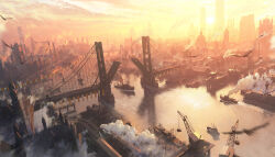  banner black_surge_night bridge building chinese_commentary city cityscape clouds crane_(machine) drawbridge flag from_above high_up highres industrial mangshuo no_humans official_art outdoors railroad_tracks scenery ship skyscraper smoke string_of_flags sunset suspension_bridge watercraft wide_shot 