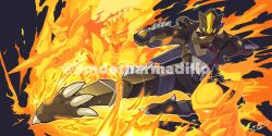  1boy armor black_armor black_background black_helmet character_request dillo_(smootharmadillo) duel_monster fire helmet highres male_focus masked_hero_dark_law rider_kick simple_background solo yu-gi-oh! 