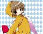  aoki_ume bag blush brown_eyes brown_hair closed_umbrella hair_ornament hidamari_sketch highres official_art raincoat short_hair simple_background smile solo umbrella wallpaper yuno 