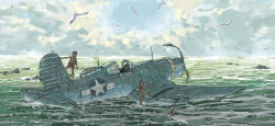  3boys absurdres aircraft airplane bird clouds cloudy_sky cockpit dark_skin f4u_corsair highres kill_markings military_vehicle multiple_boys open_cockpit original outdoors partially_submerged propeller propeller_fighter roundel scenery seagull shot_down shovei_industry sky vehicle_focus very_dark_skin wading 