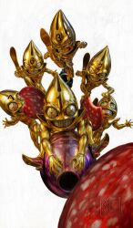  6+others absurdres bullet clenched_teeth food gold_skin gun highres jojo_no_kimyou_na_bouken meat multiple_others no_humans numbered painting_(medium) reflection revolver salami sausage sex_pistols_(stand) teeth traditional_media vento_aureo watermark weapon white_background whitehogiii 