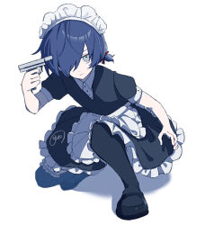 1boy alternate_costume apron black_pantyhose black_shirt black_shoes black_skirt blue_hair closed_mouth crossdressing enmaided evoker expressionless frilled_apron frilled_skirt frills full_body grey_eyes gun hair_over_one_eye handgun holding holding_gun holding_weapon looking_at_viewer maid maid_headdress male_focus medium_skirt nodoka906 on_one_knee pantyhose persona persona_3 shirt shoes short_sleeves short_twintails simple_background sketch skirt solo twintails waist_apron weapon white_apron white_background yuuki_makoto_(persona_3) 