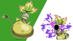 acid blacknirrow closed_mouth commentary fangs highres leaf mega_pokemon mega_victreebel no_humans open_mouth outline pink_lips plant pokemon pokemon_(creature) pokemon_focus pokemon_legends:_z-a simple_background two-tone_background victreebel vines white_outline