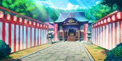  architecture artist_request banner box bush day donation_box east_asian_architecture game_cg grass hakurei_shrine highres lantern no_humans outdoors paper_lantern path scenery shrine stairs stone_lantern sunlight third-party_source touhou touhou_lostword tree 