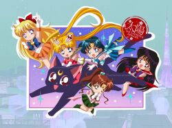  5girls aino_minako back_bow bishoujo_senshi_sailor_moon bishoujo_senshi_sailor_moon_supers black_cat black_hair blonde_hair blue_bow blue_bowtie blue_eyes blue_hair blue_sailor_collar blue_skirt boots bow bowtie brooch brown_hair cat chibi choker circlet crescent crescent_facial_mark double_bun earrings elbow_gloves facial_mark gloves green_choker green_eyes green_sailor_collar green_skirt hair_bobbles hair_bun hair_ornament heart heart_brooch high_heels hino_rei inner_senshi jewelry kino_makoto long_hair luna_(sailor_moon) miniskirt mizuno_ami multicolored_skirt multiple_girls orange_sailor_collar orange_skirt parted_bangs pink_bow pink_bowtie pleated_skirt ponytail purple_bow purple_bowtie red_bow red_bowtie red_choker red_sailor_collar red_skirt riding riding_animal sailor_collar sailor_jupiter sailor_mars sailor_mercury sailor_moon sailor_senshi sailor_senshi_uniform sailor_venus short_hair skirt smile sol_lennon star_(symbol) star_earrings super_sailor_jupiter super_sailor_mars super_sailor_mercury super_sailor_moon super_sailor_venus tsukino_usagi twintails white_gloves 