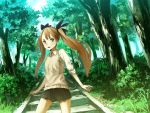  bouru brown_hair flat_chest forest hair_ribbon highres houru long_hair nature original ribbon skirt sleeves_rolled_up stairs sweater twintails 
