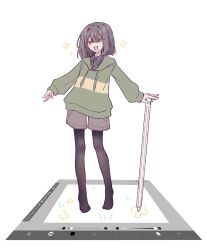 1other androgynous art_program_in_frame black_pantyhose brown_hair brown_shorts chara_(undertale) green_hoodie highres holding holding_stylus hood hoodie ibispaint looking_at_viewer no_shoes okura_0915 open_mouth pantyhose red_eyes shorts simple_background sleeves_past_wrists solo striped_clothes striped_hoodie stylus two-tone_hoodie undertale user_interface utdr_(toby_fox) white_background