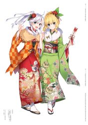  2girls absurdres alternate_costume arrow_(projectile) artbook black_sash blonde_hair blue_eyes closed_mouth floral_print floral_print_kimono flower full_body green_eyes green_kimono hair_flower hair_ornament hamaya highres holding holding_arrow holding_hands japanese_clothes kimono looking_at_viewer mishima_kurone multiple_girls obi official_art open_mouth print_kimono red_flower red_kimono rokudenashi_majutsu_koushi_to_akashic_record rumia_tingel sandals sash simple_background sistine_fibel smile socks third-party_source translation_request w white_background white_hair white_socks wide_sleeves 