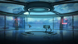  biometric_scanner black_surge_night building chinese_commentary clouds crosshair day glass_ceiling glass_wall highres holographic_interface indoors mangshuo no_humans official_art reflective_floor scenery science_fiction skyscraper 