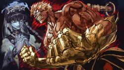  1boy 1girl absurdres angry asura's_wrath asura_(asura's_wrath) berserker_rage blank_eyes blonde_hair body_markings braided_sidelock clenched_teeth closed_eyes closed_mouth dougi father_and_daughter fengguan forked_eyebrows glowing glowing_eyes highres interlocked_fingers kornart long_hair mithra_(asura's_wrath) muscular muscular_male no_pupils own_hands_together praying prosthesis prosthetic_arm red_aura scar short_hair spiky_hair teeth topless_male 