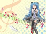   closed_eyes hatsune_miku long_hair musical_note open_mouth solo twintails vocaloid wings yellow  