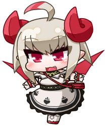  1girl :3 ahoge bag bare_shoulders belt black_undershirt blush bracelet chibi chibi_only cross cross_print curled_horns demon_horns demon_wings dress dyed_ahoge fang frilled_dress frills full_body gloves grey_hair hair_between_eyes handbag heart heart_print horns ikuwiron jewelry long_dress makaino_ririmu makaino_ririmu_(1st_costume) multicolored_hair nijisanji off-shoulder_dress off_shoulder open_mouth pixie_cut pointy_ears red_bag red_eyes red_hair red_horns red_shoes red_wings shirt_under_dress shoes short_hair shoulder_bag sidelocks smile solo standing standing_on_one_leg streaked_hair transparent_background virtual_youtuber walking white_dress white_gloves white_shoes wings 