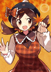  1girl :d alternate_costume anidler91 autumn autumn_leaves black_hat bow brown_bow brown_dress brown_eyes brown_hair checkered_bow checkered_clothes checkered_dress dress eyelashes hair_bow hat highres leaf long_sleeves looking_at_viewer lyra_(pokemon) open_mouth pokemon pokemon_hgss smile solo twintails 