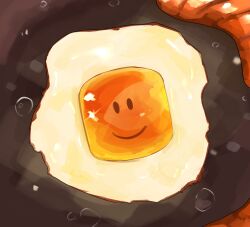  breakfast character-themed_food commentary egg_(food) english_commentary food food_focus fried_egg from_above highres himochuu no_humans painterly roblox sausage smile sparkle 