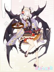  1girl ;d ahoge alpaca alpaca_connect apron black_apron black_bow black_horns black_tail black_wings bow brooch copyright_name cup demon_girl demon_horns demon_tail demon_wings doily flower flower_brooch frilled_apron frilled_kimono frilled_sleeves frilled_thighhighs frills full_body gradient_background hair_between_eyes hair_intakes hair_ornament hand_on_own_hip hand_up highres holding holding_tray horn_flower horns huge_ahoge japanese_clothes jewelry kimono kimono_skirt layered_skirt looking_at_viewer maid maid_apron maid_headdress miniskirt multiple_wings obi obiage obijime one_eye_closed orange_skirt pink_background pleated_skirt pointy_ears purple_kimono purple_wings red_bow red_skirt sandals sash saucer shichimi shippou_(pattern) shoe_dangle skirt smile solo standing standing_on_one_leg steaming_cup tail tassel tassel_hair_ornament tea teacup thigh-highs thigh_strap tray two-tone_bow two-tone_skirt wa_maid waist_bow white_thighhighs wide_sleeves wings yellow_background zouri 
