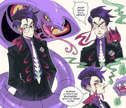  1boy arbok cigarette collared_shirt colored_sclera corbeau_(pokemon) eyewear_strap forked_tongue glasses hannahalexart highres koffing light_frown male_focus mega_stone multiple_views necktie pokemon pokemon_(creature) purple_hair purple_shirt round_eyewear shirt short_hair smoke smoking speech_bubble tongue venipede white_background white_necktie yellow_eyes yellow_sclera 