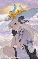 1girl asymmetrical_bangs black_dress black_gloves breasts capelet dress fate/grand_order fate_(series) flower gloves hair_ribbon hat hat_flower highres horns long_hair looking_at_viewer medium_breasts olga_marie_animusphere orange_eyes ribbon smile solo sun_hat suwa_(swk_kkk) two-tone_dress u-olga_marie u-olga_marie_(first_ascension) very_long_hair white_capelet white_dress white_hair white_hat 