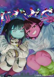  2girls :> alien android ankle_socks antennae artist_request black_bra black_hair black_socks blunt_bangs blush bra brown_eyes cable city clenched_teeth closed_mouth collared_jacket colored_eyelashes colored_skin commentary_request company_name copyright_name crew_neck double_horizontal_stripe double_v face_filter fingernails floating green_eyes green_socks hair_intakes horizontal-striped_clothes horizontal-striped_sleeve_cuffs hug hug_from_behind jacket kadokawa kujo_chiharu kurusu_makina_(milky_galactic_universe) letterman_jacket long_pointy_ears long_sleeves loose_socks lower_eyelashes_only lowered_eyelids mechanical_hands mechanical_head mechanical_legs mechanical_neck medium_hair milky_galactic_universe milky_subway multicolored_eyes multiple_girls no_humans official_art outdoors oversized_sweater pink_eyes pink_skin pixel_art_inset pointy_ears ponytail print_sweater puffy_long_sleeves puffy_sleeves purple_jacket purple_sleeve_cuffs purple_socks ribbed_socks salute science_fiction second-party_source shirt shoes short_hair sidelocks single_bare_shoulder sky smile sneakers socks space squatting star_(sky) starry_sky starry_sky_background striped_sleeves sweater teeth text_print triangle_print tube_socks two-finger_salute two-tone_eyes underwear v v_over_head white_sleeves white_sweater yellow_shirt yellow_sleeve_cuffs 