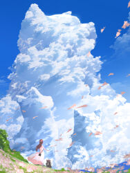  1girl absurdres blue_sky brown_hair cloud_focus clouds cloudy_sky commentary_request day dog dress fisheye floating_clothes floating_hair flower highres long_dress long_hair makoron117117 original outdoors pink_dress pink_flower shaped_cloud sky solo very_wide_shot wind 