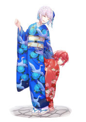  2girls :d ^_^ absurdres age_difference aged_down alternate_costume ange_katrina animal_print asada7101 bird_print blue_eyes blue_flower blue_kimono braid child closed_eyes clothes_grab commentary_request floral_print floral_print_kimono flower furisode hair_flower hair_intakes hair_ornament hand_up height_difference hiding hiding_behind_another highres japanese_clothes kanzashi kimono lize_helesta lize_helesta_(6th_costume) multiple_girls nijisanji obi obiage obijime open_mouth print_kimono red_hair red_kimono sandals sash short_hair sidelocks simple_background smile socks stone_floor tabi tsumami_kanzashi updo virtual_youtuber white_background white_hair white_sandals white_socks yellow_sash 