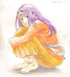  1girl alternate_eye_color artist_name asymmetrical_dress barefoot brown_lips circlet dark-skinned_female dark_skin dragon_quest dragon_quest_iv dress earrings expressionless forehead_jewel full_body gem green_gemstone highres hugging_own_legs jewelry knees_to_chest lipstick long_dress long_hair long_sleeves looking_at_viewer maitake_11s makeup metal_belt minea_(dq4) orange_dress purple_hair silver_circlet single_bare_shoulder single_sleeve sitting solo sphere_earrings violet_eyes 
