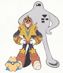  1boy 2others armor armored_boots blue_eyes boots cape gem gloves headphones helmet inkerton-kun kirby_(series) knee_boots knee_pads mega_man_(classic) mega_man_(series) mega_man_v mother_(series) multiple_others plate_armor red_gemstone simple_background smile star_man_(mega_man) starman_(kirby) starman_(mother) trait_connection white_gloves 