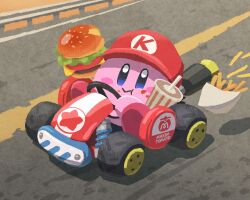  blue_eyes burger closed_mouth commentary crumbs cup driving food french_fries go-kart hat holding holding_food kirby mario_kart miclot no_humans outdoors red_hat super_mario_bros. symbol-only_commentary 