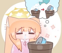  1girl animal_ear_fluff blue_archive blunt_bangs blush brown_background can canned_food chibi closed_eyes closed_mouth drooling halo highres horuhara long_hair mari_(blue_archive) neck_ribbon no_nose orange_hair pajamas pet_food pink_pajamas polka_dot polka_dot_pajamas ribbon saliva simple_background solo speech_bubble thought_bubble white_background yellow_halo 