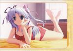  absurdres arisa_aix-les-bains arm_support barefoot bed blue_hair camisole colorful_aquarium highres kiba_satoshi long_hair lying panties purple_eyes ribbon ribbons soles twintails underwear 