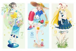  3girls ;d absurdres animal animal_ears august barefoot black_hair blonde_hair bloomers blue_bow blue_eyes blue_kimono blue_sandals blue_shirt blue_shorts blue_skirt blunt_bangs blush bow braid breasts brown_hair brown_hat closed_mouth clothes_around_waist collarbone commentary_request crab floppy_ears flower food full_body grass green_eyes hair_bow hair_bun hair_ribbon hat hat_flower highres holding holding_animal holding_swim_ring japanese_clothes july kimono lifebuoy long_hair long_sleeves looking_at_viewer medium_breasts multiple_girls nail_polish obi one_eye_closed open_mouth original personification pleated_skirt rabbit rabbit_ears red_eyes red_ribbon ribbon sand sandals sash september shaved_ice shiraho_(color-56) shirt short_sleeves shorts skirt smile socks standing standing_on_one_leg star_(symbol) striped_bow sun_hat sunflower swim_ring tanabata thick_eyebrows toenail_polish toenails white_bloomers white_kimono white_socks wide_sleeves yellow_bow yellow_flower yellow_nails yellow_sash 