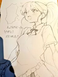  1girl blush breasts commentary_request gasuri_govan graphite_(medium) greyscale medium_breasts monochrome neck_ribbon open_mouth ponytail ribbon shirt solo sweatdrop taneshima_popura teeth traditional_media upper_teeth_only working!! 