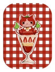  4nq1 animal_ears border cat_ears checkered_background colored_skin fire flame-tipped_tail food fruit green_fire highres hitodama ichigonyan looking_at_viewer multiple_tails notched_ear outside_border parfait red_background red_skin solo strawberry strawberry_slice tail two-tone_background two_tails white_background white_border youkai_(youkai_watch) youkai_watch 