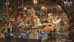  2boys 4girls arknights black_hair blue_hair brother_and_sister brothers chinese_commentary chongyue_(arknights) commentary_request creamyghost cup dragon_boat_festival dusk_(arknights) food grey_hair hair_ornament highres horns ling_(arknights) long_hair looking_at_viewer multiple_boys multiple_girls nian_(arknights) official_art pointy_ears ponytail red_eyes red_hair shu_(arknights) siblings sisters tail teacup teapot yu_(arknights) zongzi 