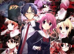  2boys 6+girls :d :o arimura_hinae arms_up asymmetrical_sidelocks belt belt_buckle black_jacket black_pants black_pantyhose blonde_hair blue_eyes blue_hair blush bow breast_pocket breasts brown_eyes brown_hair buckle buttons cardigan chaos;child chest_bow collarbone collared_shirt confused copyright_name cropped_jacket double-breasted dress dress_shirt dress_vest fang flat_chest from_behind glasses hair_ribbon happy hekiho_academy_school_uniform high_collar itou_shinji_(chaos;child) jacket kazuki_hana kurusu_nono lapels long_hair long_sleeves looking_at_viewer looking_back loose_necktie low_twintails medium_breasts minamisawa_senri miniskirt miyashiro_takuru multiple_boys multiple_girls nape necktie no_jacket notched_lapels one_side_up onoe_serika open_clothes open_collar open_jacket open_mouth panties pants pantyhose pectorals pink_eyes pink_hair pocket pulling_own_clothes red_bow red_eyes red_necktie red_ribbon ribbon sailor_collar school_uniform science_adventure serious shibuya_109 shiny_clothes shiny_eyes shiny_legwear shirt short_hair short_hair_with_long_locks skirt small_breasts smile tongue twintails two_side_up underwear very_long_hair violet_eyes wada_chiyon white_belt white_hood white_panties white_ribbon white_sailor_collar white_shirt yamazoe_uki yellow_cardigan 