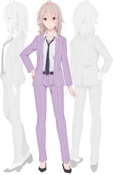  3girls ahoge anime_coloring back belt black_belt black_necktie black_shoes breasts brown_eyes brown_hair closed_mouth collarbone collared_shirt flats from_behind from_side full_body gimai_seikatsu greyscale hair_between_eyes hand_on_own_hip jacket kudo_eiha looking_at_viewer medium_breasts medium_hair monochrome multiple_boys multiple_girls multiple_views necktie nii_manabu official_art pants profile purple_jacket purple_pants purple_suit shirt shoes simple_background standing suit suit_jacket transparent_background white_shirt 