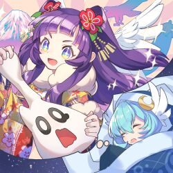  angel_wings blue_eyes blue_hair character_request dreaming flower hair_flower hair_ornament head_wings highres japanese_clothes kimono kuuron_(moesann17) long_hair purple_hair sleeping speech_bubble star_(symbol) thought_bubble wings 