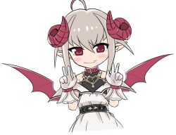 1girl ahoge bare_shoulders belt_collar black_undershirt blush_stickers bracelet broken_heart_print choker closed_mouth collar cropped_torso curled_horns demon_horns demon_wings double_v dress dyed_ahoge fang gloves grey_hair hair_between_eyes horns jewelry kenshin_(kenshin3) looking_at_viewer makaino_ririmu makaino_ririmu_(1st_costume) multicolored_hair nijisanji off-shoulder_dress off_shoulder pixie_cut pointy_ears red_collar red_eyes red_hair red_horns red_wings shirt_under_dress short_hair sidelocks simple_background skin_fang smile solo streaked_hair v virtual_youtuber white_background white_dress white_gloves wings 