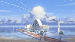  arch architecture beach black_surge_night bouquet broken_pillar building chinese_commentary clouds contrail cumulonimbus_cloud day floral_arch flower glass_wall highres mangshuo no_humans ocean official_art outdoors petals petals_on_liquid pier reflection reflective_water rose scenery stanchion white_flower white_rose 