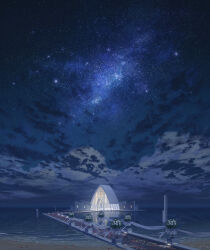  arch architecture beach black_surge_night bouquet broken_pillar building chinese_commentary clouds floral_arch flower glass_wall highres mangshuo night night_sky no_humans ocean official_art outdoors petals petals_on_liquid pier reflection reflective_water rose scenery sky stanchion star_(sky) starry_sky white_flower white_rose wide_shot 